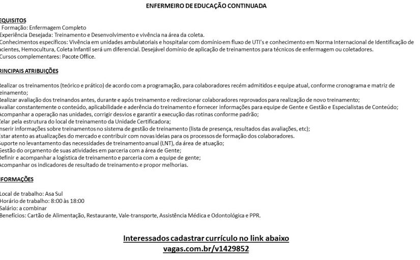[Grupo Empregos em Brasília] ENFERMEIRO DE EDUCAÇÃO CONTINUADA – 05/11/16