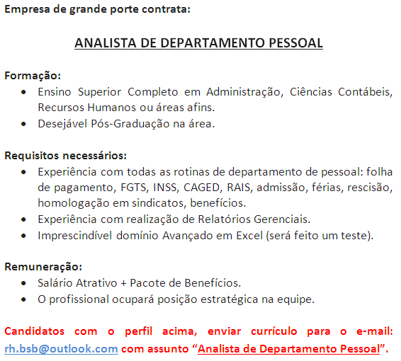 [Grupo Empregos em Brasília] Vaga – Analista de DP – 19/01/17