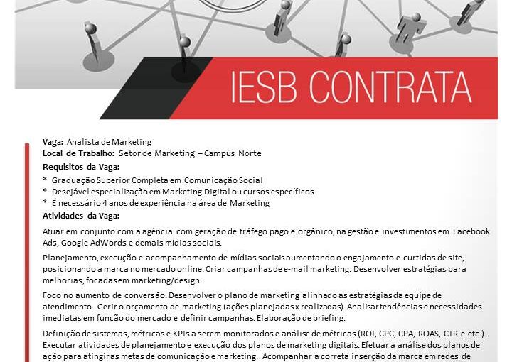 [Grupo Empregos em Brasília] IESB Contrata: Analista de Marketing Sr 07/01/17