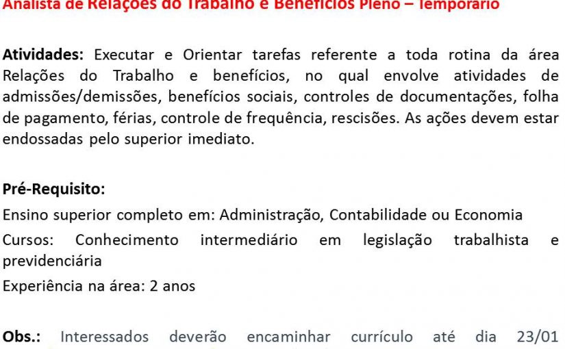 [Grupo Empregos em Brasília] Analista Temporário – 19/01/17