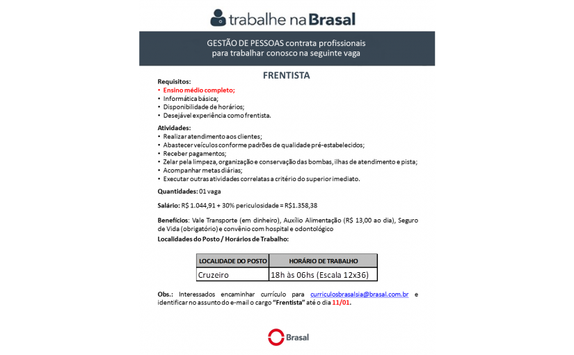 [Grupo Empregos em Brasília] Vaga: FRENTISTA (MADRUGADA)