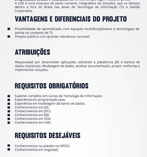 [Grupo Empregos em Brasília] [CDS] OPORTUNIDADE – Desenvolvedor JAVA Sr 11/01