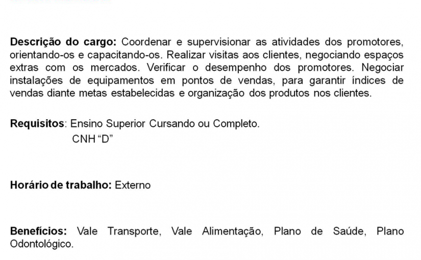 [Grupo Empregos em Brasília] Vaga – Líder Comercial 16/01/17