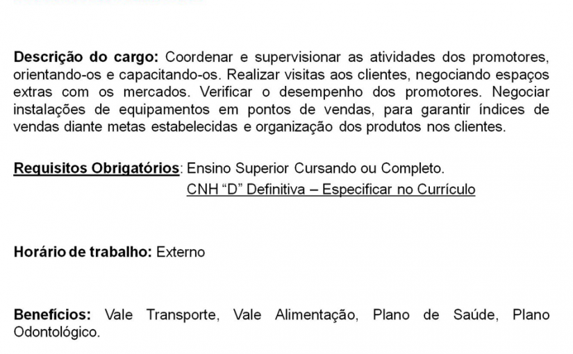 [Grupo Empregos em Brasília] SUPERVISOR COMERCIAL – 23/01/17