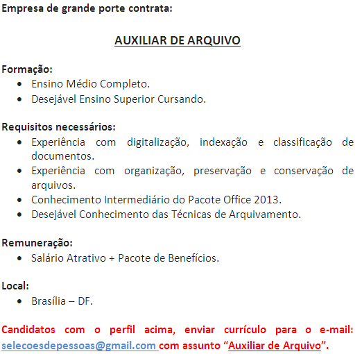 [Grupo Empregos em Brasília] Vaga – Auxiliar de Arquivo 03/02/17