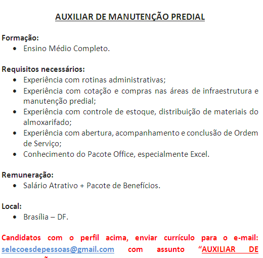 [Grupo Empregos em Brasília] Auxiliar de Manutenção Predial 15/02/17