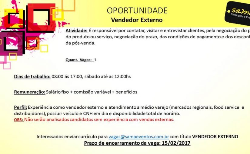 [Grupo Empregos em Brasília] Vaga de vendedor externo 10/02/17