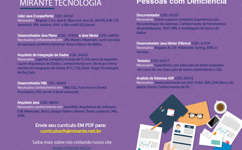 [Grupo Empregos em Brasília] Oportunidades PCD – Mirante Tecnologia 07/02 15:44
