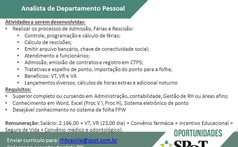 [Grupo Empregos em Brasília] ANALISTA DE DP 24/03/17