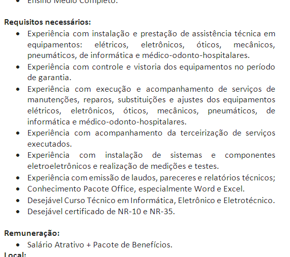 [Grupo Empregos em Brasília] Técnico de Manutenção de Equipamentos – 28/03/17
