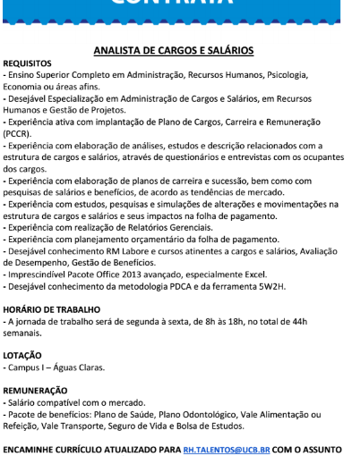 [Grupo Empregos em Brasília] Analista de Cargos e Salários . 28/04/17