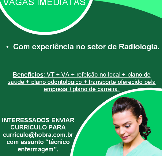 [Grupo Empregos em Brasília] TEC. ENFERMAGEM – EX. RADIO – HOBRA – 24/04/17