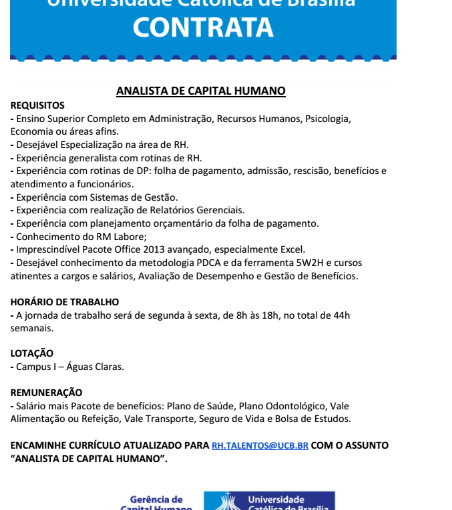 [Grupo Empregos em Brasília] RET.: ANALISTA DE CAPITAL HUMANO – UCB – 25/05/17