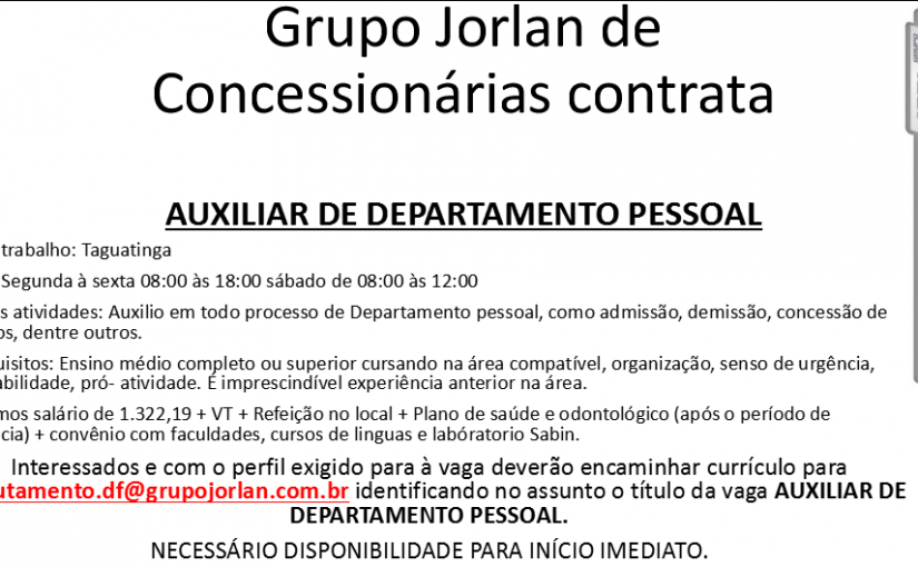 [Grupo Empregos em Brasília] AUX. DE DP – 09/05/17