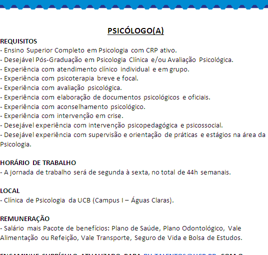 [Grupo Empregos em Brasília] Vaga – Psicólogo – 23/05/17