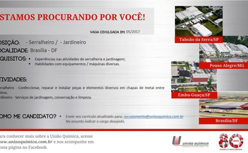 [Grupo Empregos em Brasília] [02 VagaS] Serralheiro e Jardineiro. – 11/05/17