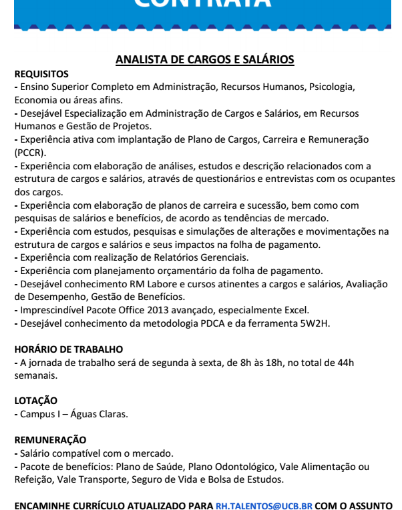 [Grupo Empregos em Brasília] Analista de Cargos e Salários – UCB – 03/05/17