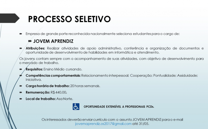 [Grupo Empregos em Brasília] Oportunidade Jovem Aprendiz – 24/05/17