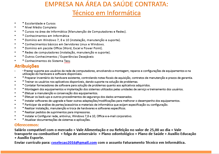 [Grupo Empregos em Brasília] Vaga para Técnico em Informática – 09/05/17