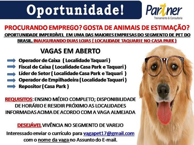 [Grupo Empregos em Brasília] 05 Vagas PET SHOP – 22/05/17