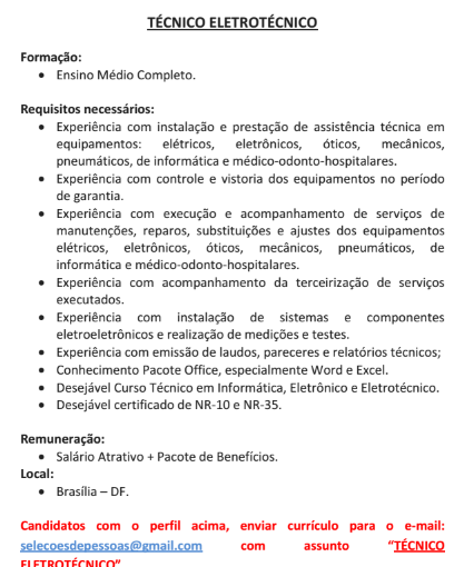 [Grupo Empregos em Brasília] Vaga: Técnico Eletrotécnico – 05/05/17