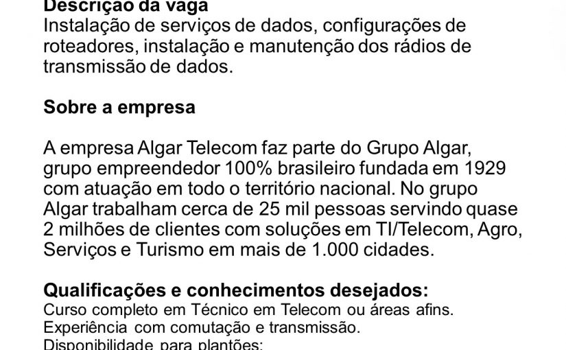 [Grupo Empregos em Brasília] VAGA – TÉCNICO TELECOM JR – até o dia 24/05/2017