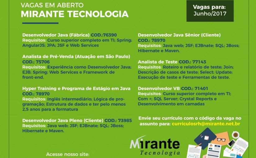 [Grupo Empregos em Brasília] Oportunidades da Mirante Tecnologia 21/06