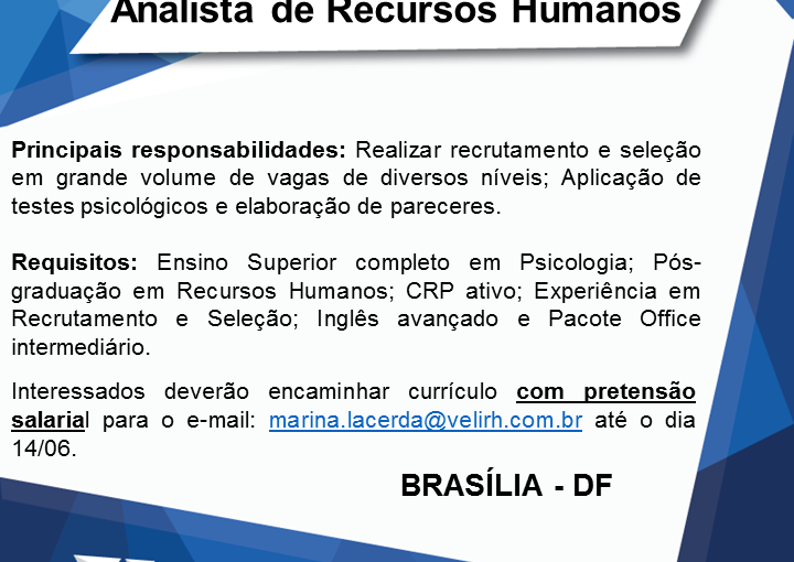 [Grupo Empregos em Brasília] VAGA ANALISTA DE RH – 10/06/17