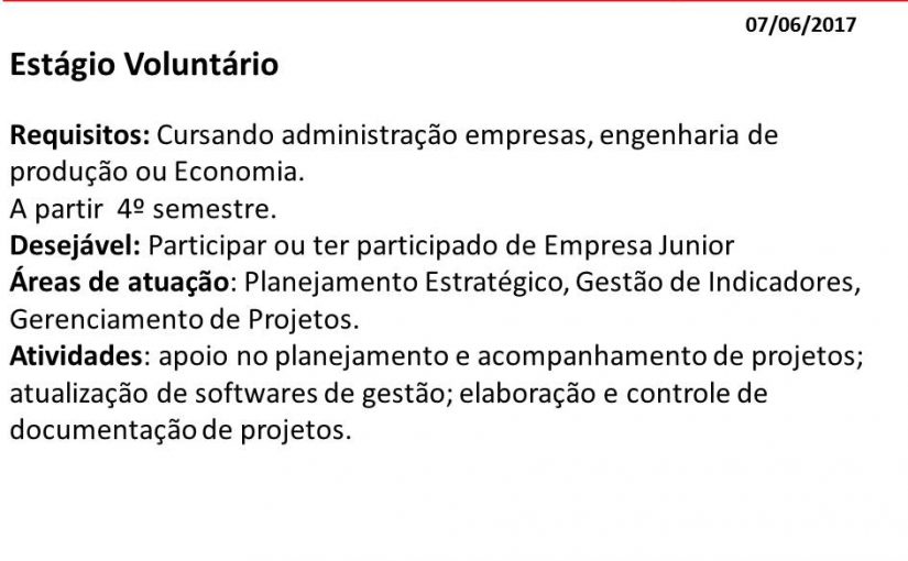 [Grupo Empregos em Brasília] Estágio Voluntário – 07/06/17