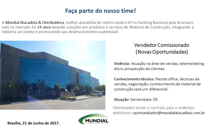 [Grupo Empregos em Brasília] Vaga – Vendedor Comissionado 21/06