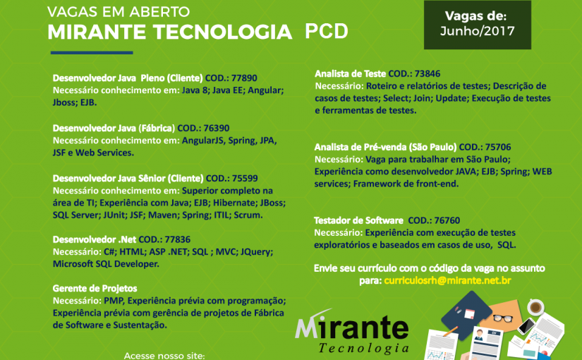 [Grupo Empregos em Brasília] 08 Excelentes oportunidades PCD – Mirante Tecnologia – 15/06/17