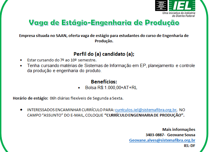 [Grupo Empregos em Brasília] Vaga de Estágio- Engenharia de Produção IEL/DF – 28/06/17