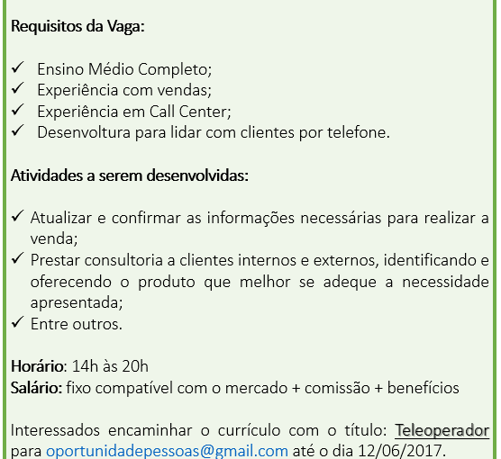 [Grupo Empregos em Brasília] Operador de Vendas – 12/06/17