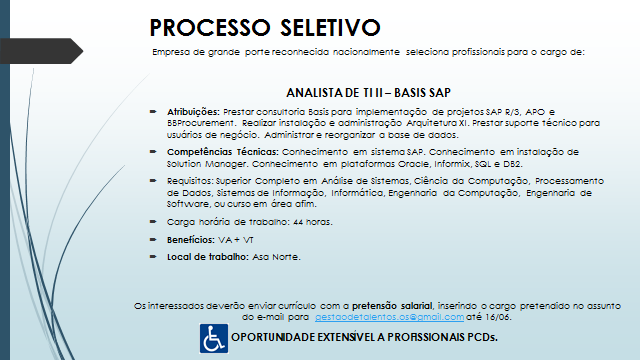 [Grupo Empregos em Brasília] Vaga – Analista de TI BASIS SAP