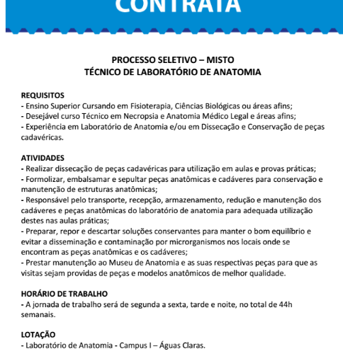 [Grupo Empregos em Brasília] Técnico de Laboratório de Anatomia – UCB – 23/06/17