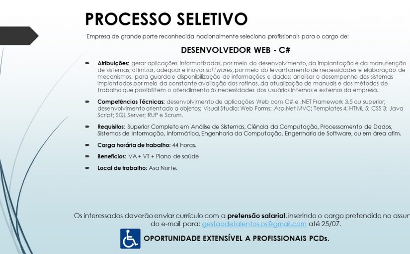 [Grupo Empregos em Brasília] Oportunidade Desenvolvedor Web – C# – ATÉ 25/07/17