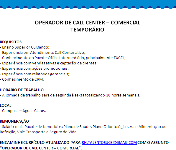 [Grupo Empregos em Brasília] Vaga: Operador de Call Center – 11/07/17