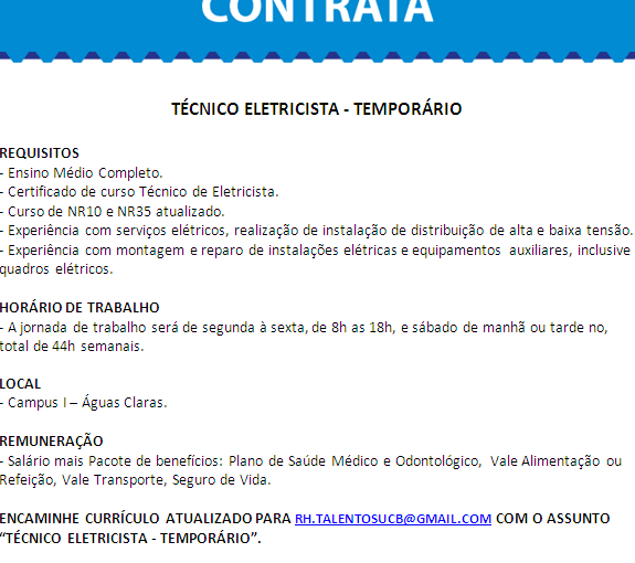 [Grupo Empregos em Brasília] Téc. Eletricista Temporário – 05/07/17