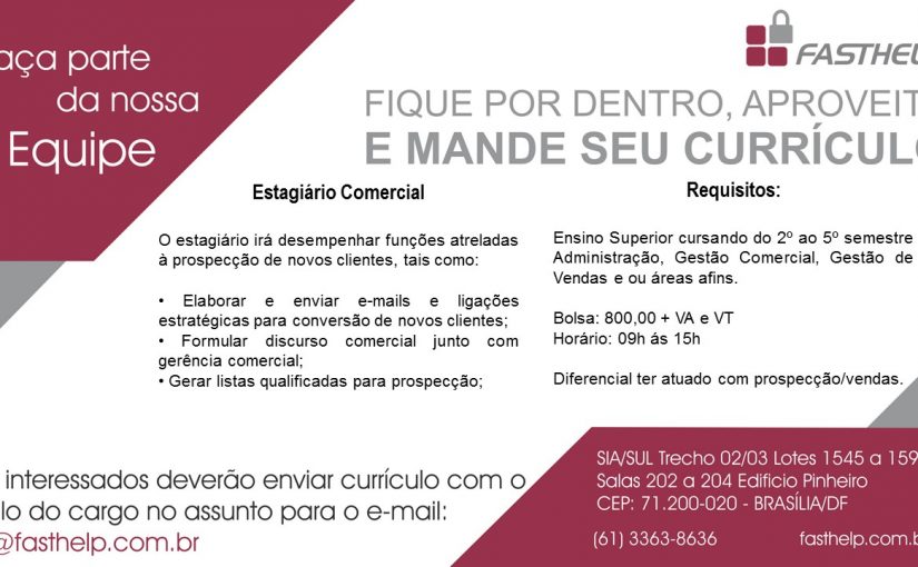 [Grupo Empregos em Brasília] Oportunidade: Estágio Comercial – 13/07/17