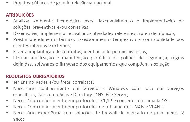 [Grupo Empregos em Brasília] OPORTUNIDADE: TÉCNICO DE SUPORTE REDES – 13/07/17