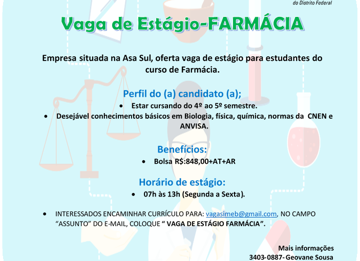 [Grupo Empregos em Brasília] Vaga de Estágio – Farmácia – IEL/DF – 06/07/17