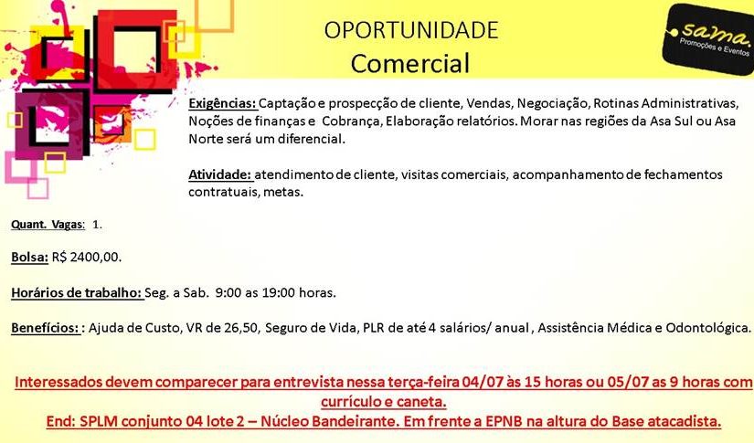 [Grupo Empregos em Brasília] Vaga comercial – 04/07/17