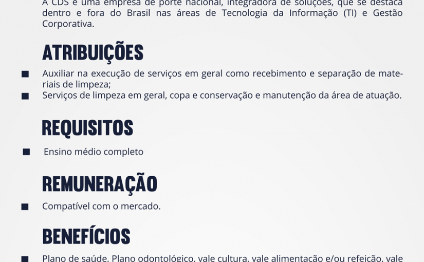 [Grupo Empregos em Brasília] Vaga de aux. Serviços gerais (portadores de deficiência) 25/07/17