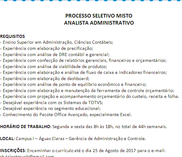 [GEBE Empregos] Vaga: Analista Administrativo – 23/08