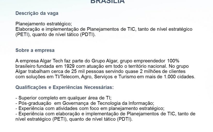 [Grupo Empregos em Brasília] VAGA ANALISTA DE GOVERNANÇA – 02/08/17