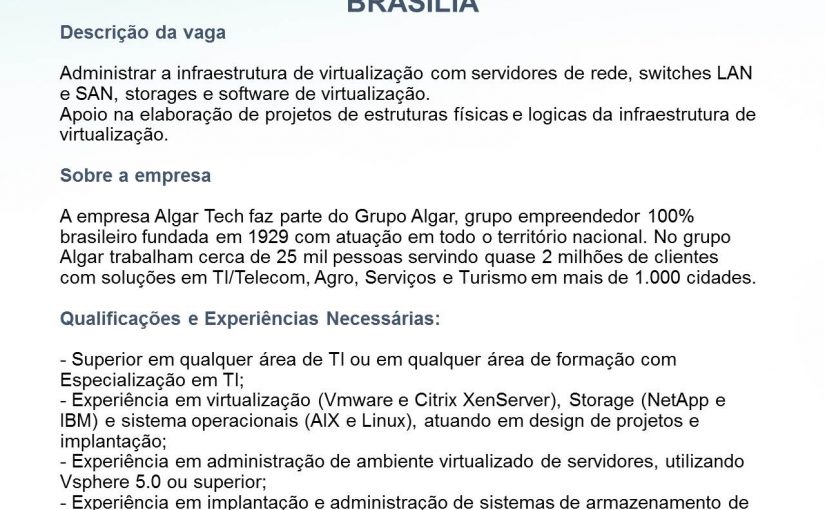 [Grupo Empregos em Brasília] VAGA ESPECIALISTA WMWARE – 02/08/17