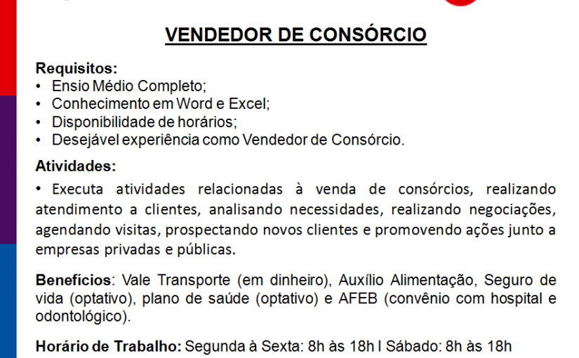 [GEBE Empregos] Vendedor de Consórcio 31/08