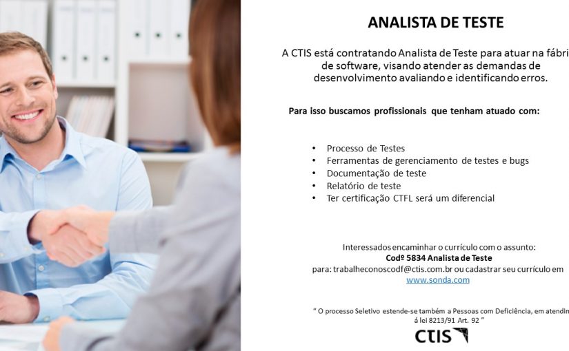 [GEBE Empregos] OPORTUNIDADE – ANALISTA DE TESTE | CTIS – 18/09