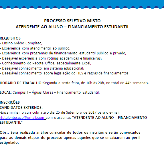 [GEBE Empregos] Atendimento Aluno FIES – 21/09