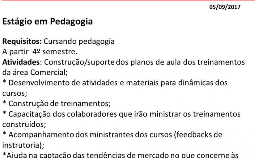 [GEBE Empregos] Estágio em pedagogia 05/09